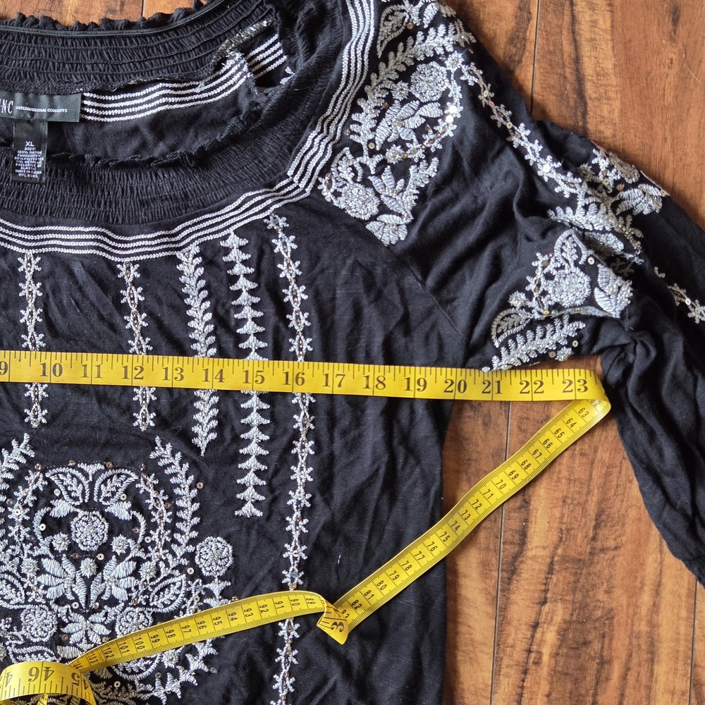 INC Intn'l Concepts Black and White Peasant Blouse With Sequin Details, XL - Picture 4 of 6
